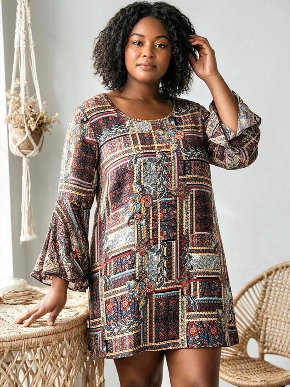 Blooming Rose Geometric Mini Shift Dress in Multicolor